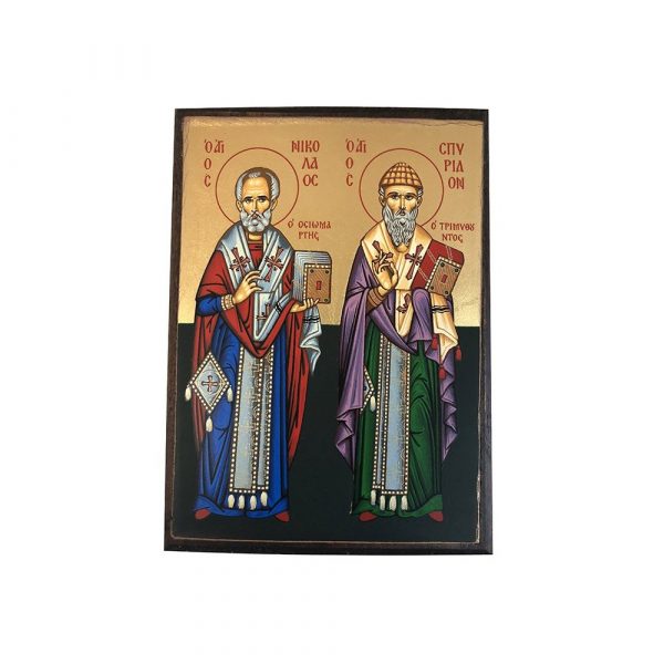 Άγιος Νικόλαος & Άγιος Σπυρίδων – Μεταξοτυπία (Φυσικό Ξύλο – 19x14cm)