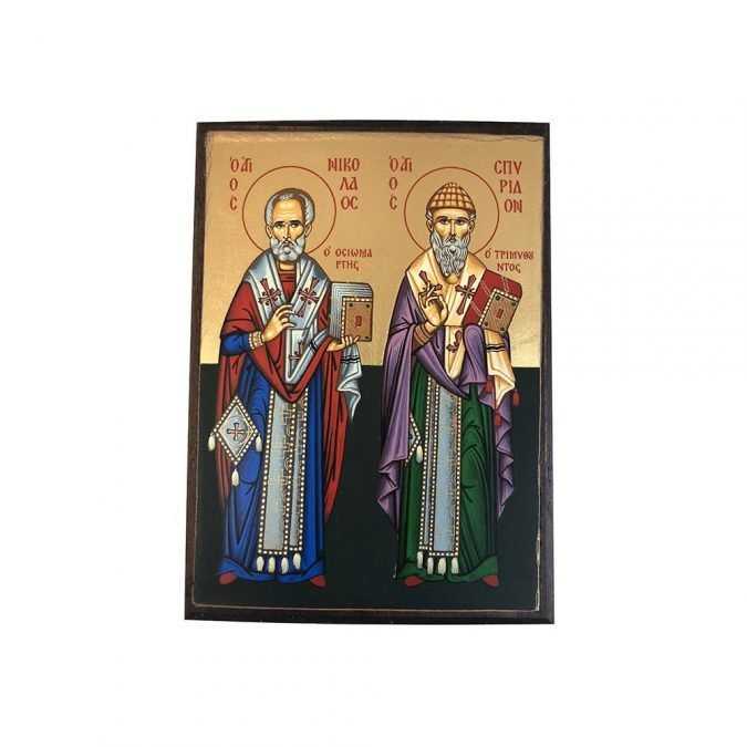 St. Nicholas & St.Spyridon - Serigraphy (Natural Wood - 19x14cm)