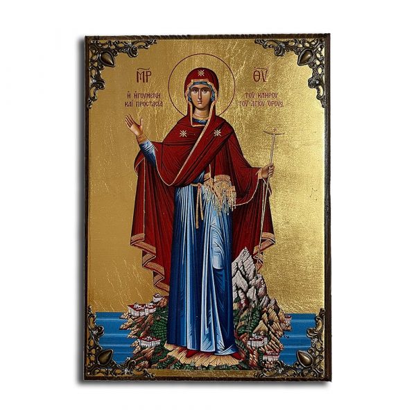 Παναγία Έφορος του Αγίου Όρους – Μεταξοτυπία με γωνίες (Φυσικό Ξύλο – 21x15cm)