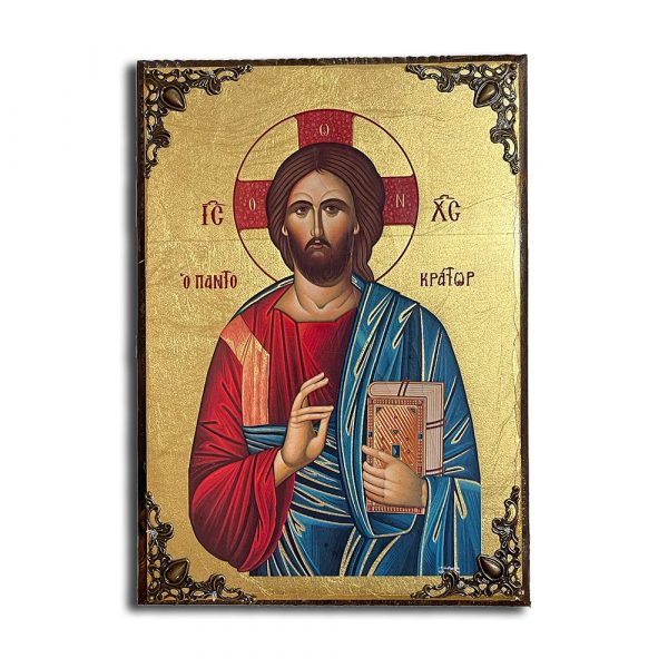 Ιησούς Χριστός Παντοκράτωρ – Μεταξοτυπία με γωνίες (Φυσικό Ξύλο – 21x15cm)