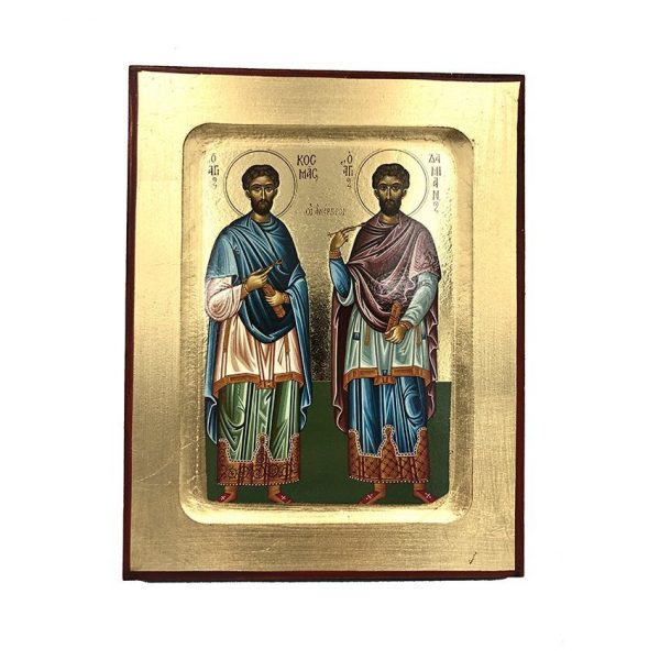 Άγιοι Ανάργυροι Κοσμάς και Δαμιανός – Ένσκαπτη Λιθογραφία (Ξύλο MDF – 19x15cm)