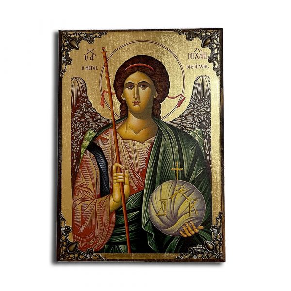 Αρχάγγελος Μιχαήλ – Μεταξοτυπία με γωνίες (Φυσικό Ξύλο – 21x15cm)