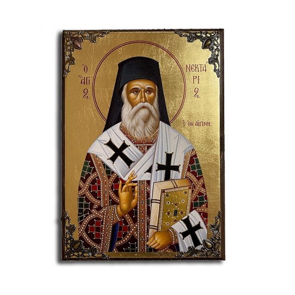 Άγιος Νεκτάριος – Μεταξοτυπία με γωνίες (Φυσικό Ξύλο – 21x15cm)